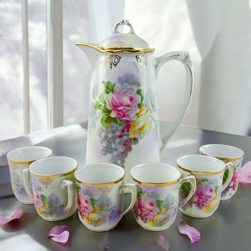 Antique Art Nouveau Demitasse Chocolate Pot/Espresso Set Three Crown Germany 7pc